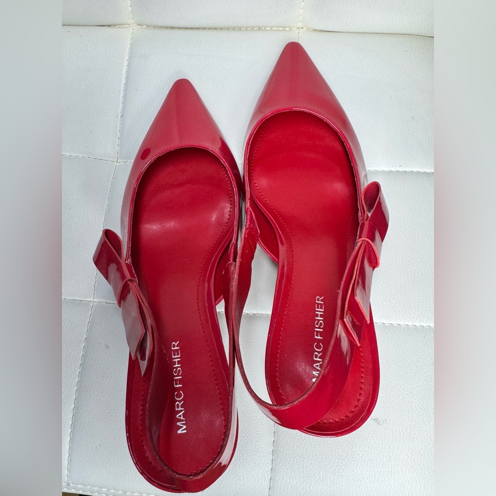 Red Patent Slingback Pointed-Toe Heels with Bow Accent - Picture 8 of 14